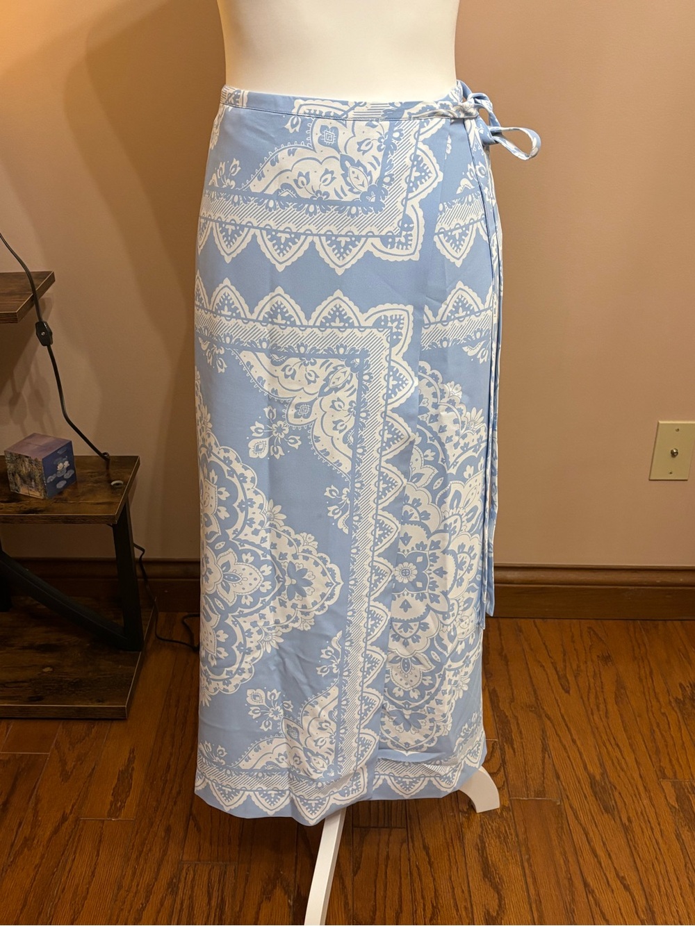 Light Blue and White Wrap Midi Skirt